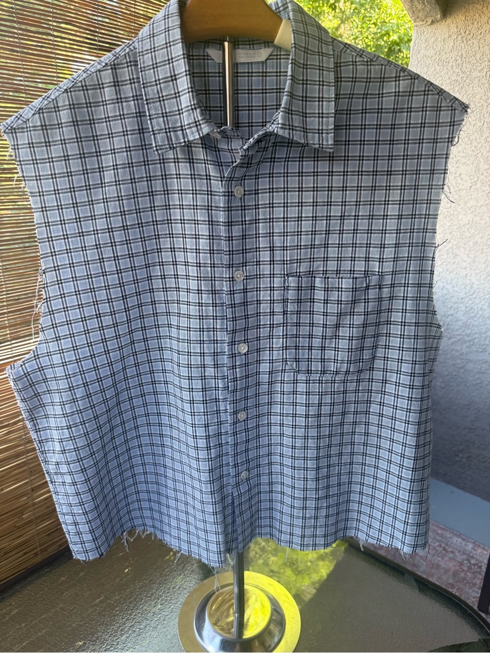 Zara Blue and White Plaid Sleeveless Button-Down crop Shirt